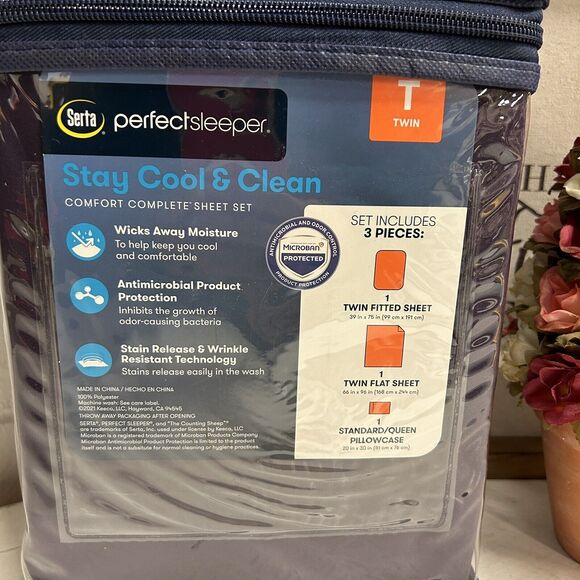 SERTA Perfect Sleeper PerfectSleeper Stay Cool & Clean Twin Sheet Set Purple NEW - Picture 3 of 4